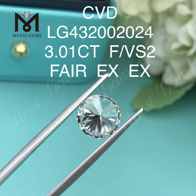 3.01 carati F/VS2 Diamante rotondo coltivato in laboratorio FAIR EX EX